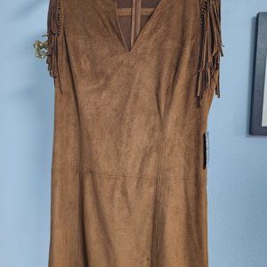 Brown, Suede-like Dress with Fringe Sleeves